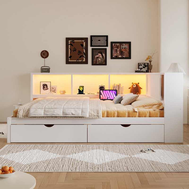Queen Size Storage Daybed With Shelves And 2 Drawers, Solid Pine Wood Sofa Bed, Guest Bed With Led Light, Usb Charging Station & Power Outlets For Space-Saving Bedroom Or Living Room