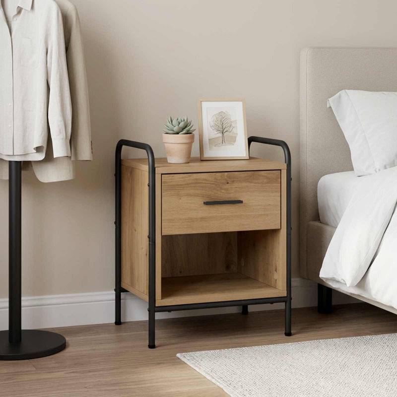 40 cm W Galvanised Steel Bedside Table, Artisan Oak