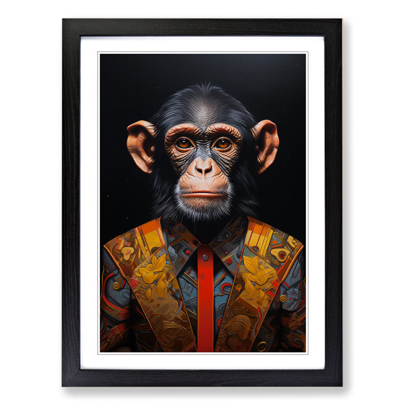 Monkey Hard Edge Painting - Single Picture Frame Print on Wood, 46cm H x 34cm W x 2cm D, Black Framed