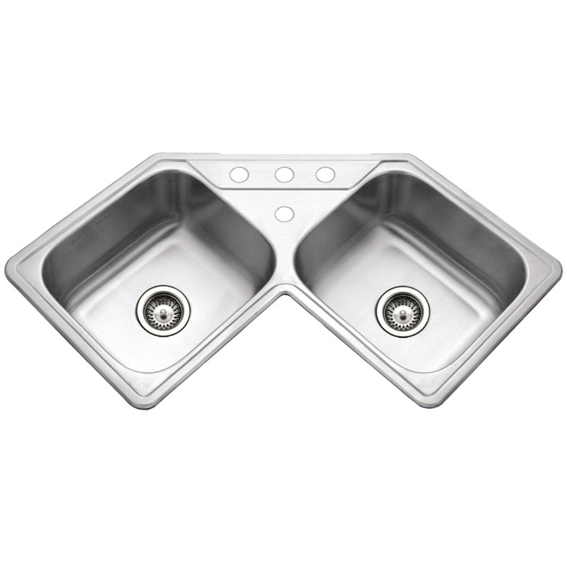 Houzer 32 in Stainless Topmount 4-hole 50/50 Double Corner Kitchen Sink w/ Strainer,Grid-LCR-3221-C