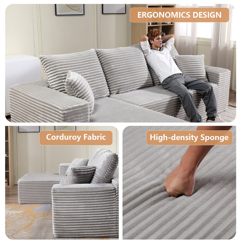 Canapé modulaire Boneless de 107 po avec méridienne en forme de L, canapé modulaire moderne avec siège profond et canapé rembourré pour la chambre à coucher, aucun assemblage requis