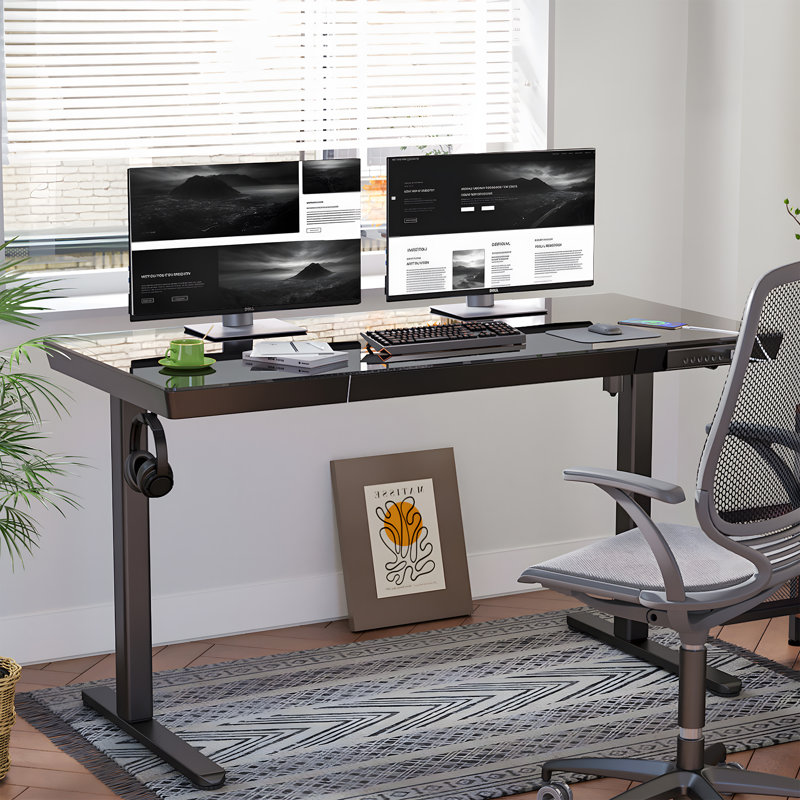Tempered Glass Top Height Adjustable Standing Desk, Computer Desk with Drawer and USB Charge, Black, 46.5" H x 55" W x 24" D