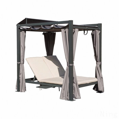 Lit de jour d'extérieur en aluminium avec lit à baldaquin rétractable, double méridienne extérieure, rideau gris avec coussin beige et porte-gobelet, pour piscine extérieure, jardin, cour arrière, pelouse