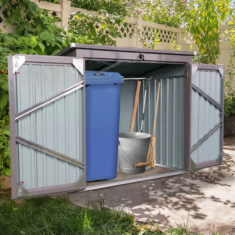 Galvanized Steel Metal Outdoor Bin Shed - 2 Trash Cans, Easy Assembly, Gray For Lawn Garbage Can Capacity, Lockable, Backyard Storage