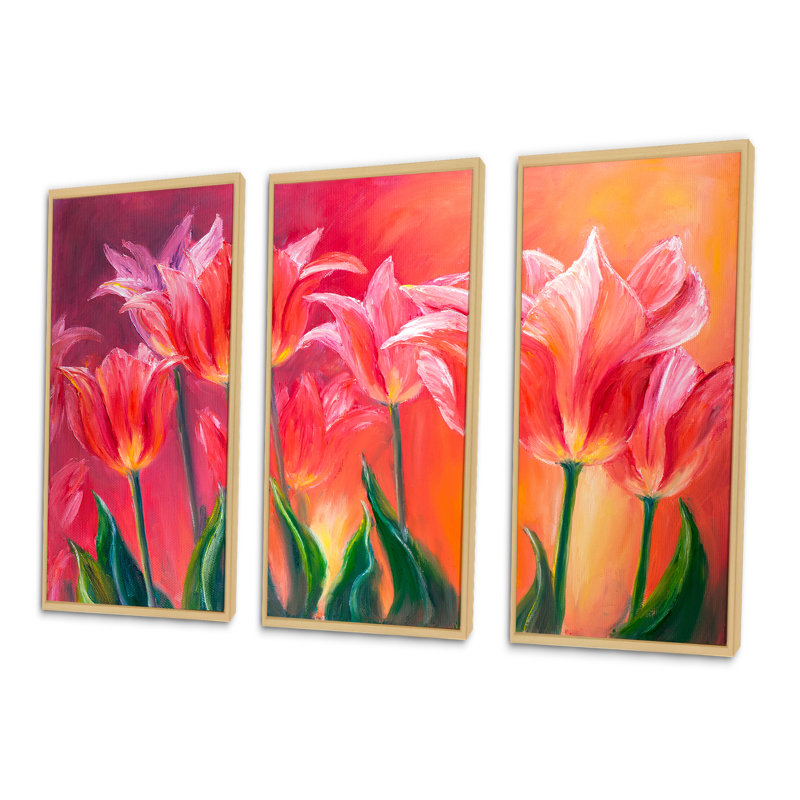 Tulipes dans un abat-jour rouge - ensemble de 3 toiles encadrées florales, H 32 po x l 48 po x P 1 po, Cadre brun