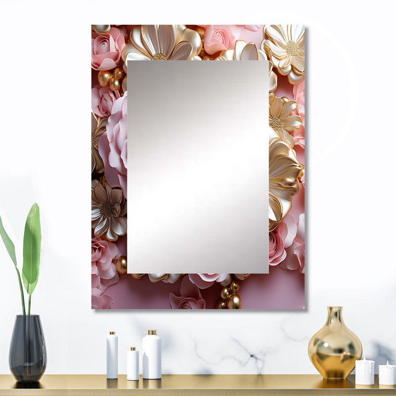 Tender White And Light Pink Liquid Flower Art - Abstract Shapes Mirror, Pink Decorative Wall Mirror, Printed Metal Art