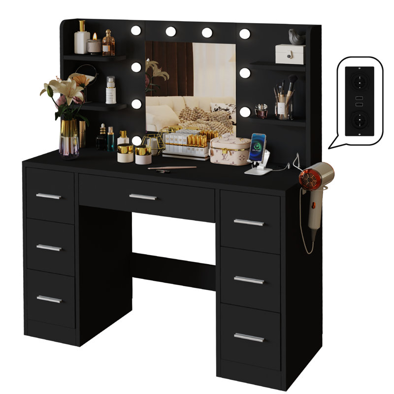 110cm Dressing Table With Power Outlet And Dryer Hook Modern Bulb Light Makeup Vanity, Black