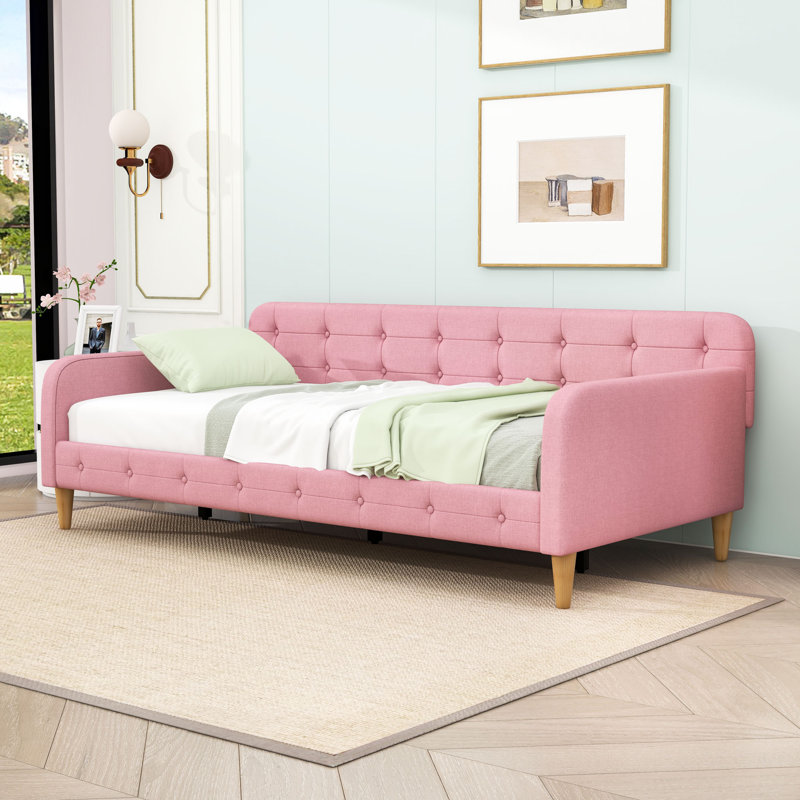 Full Upholstered Dayed With Slats And Legs, Twin, Pink