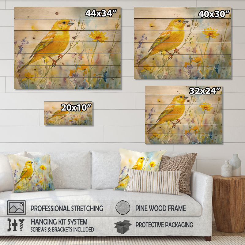 Oiseau pinson sur une tige de fleur sauvage I - Décoration murale en bois d'oiseau - sur bois de pin naturel