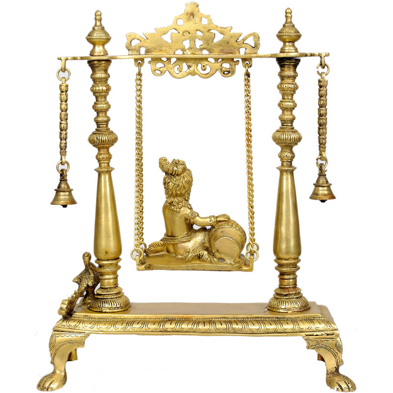 Handmade 16" Butter Krishna on Swing – Brass Hindu Deity Statue, Indian Home Altar & Décor Accent