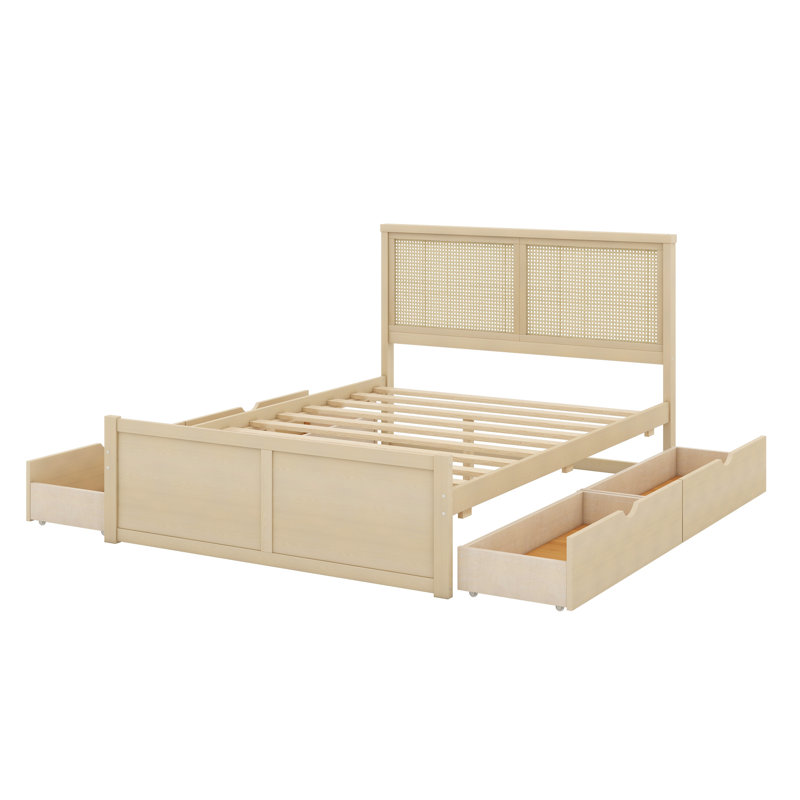 Wood Storage Platform Bed with 4 Drawers and Rattan Headboard, Queen, Nature
