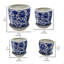 Ensemble de 4 pots à fleurs avec soucoupe, imprimé floral bleu rétro, céramique blanche