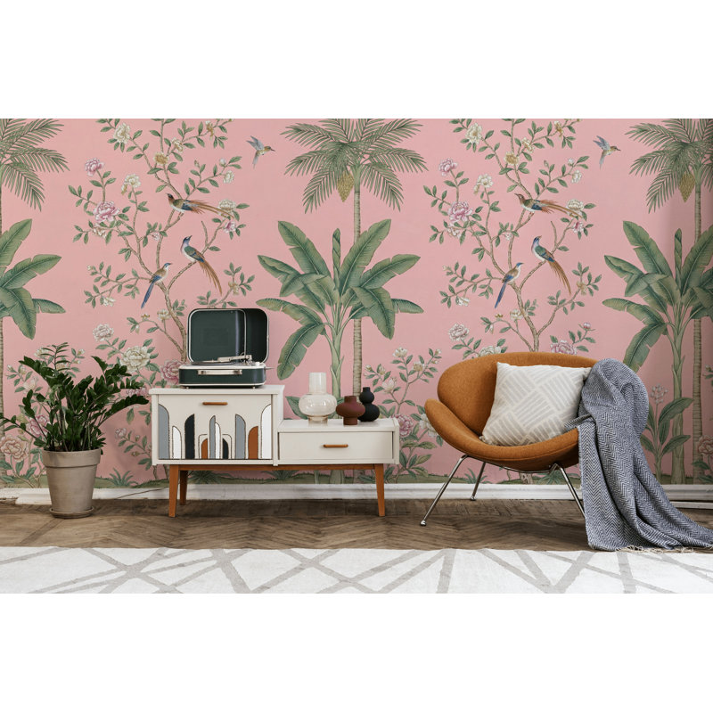 Papier peint floral oiseaux fond rose, Peler et coller, 200 po x 120 po