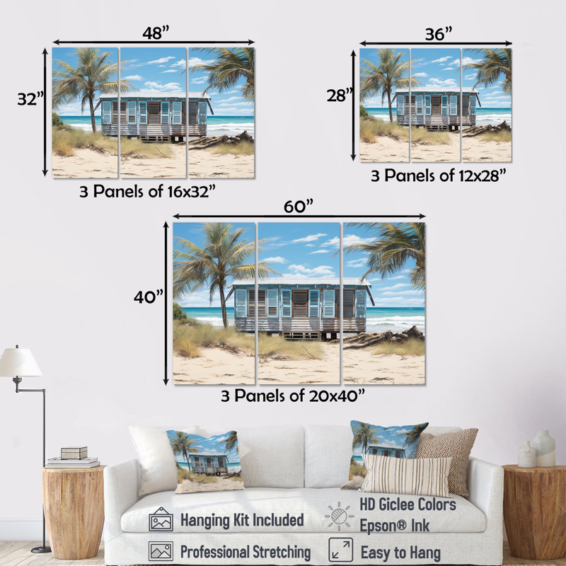 «Beachside Cottage Charm II - Coastal Windows», art mural, Toile tendue, H 32 po x l 48 po x P 1 po