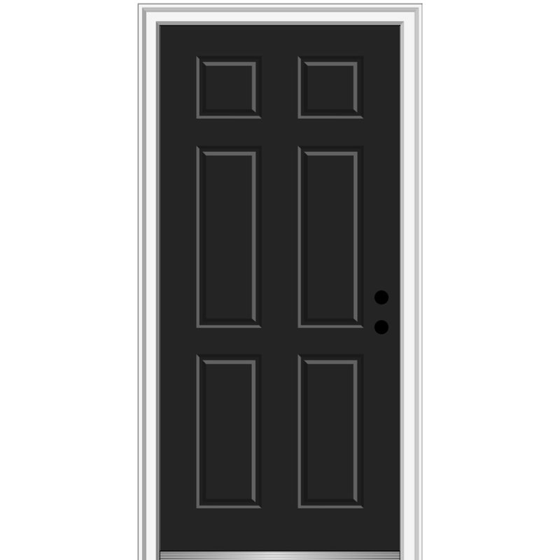 Porte extérieure simple en acier à 6 panneaux peints, H 81,75 po x l 36 po x P 2 po, S'ouvre à gauche vers l'intérieur, Noir