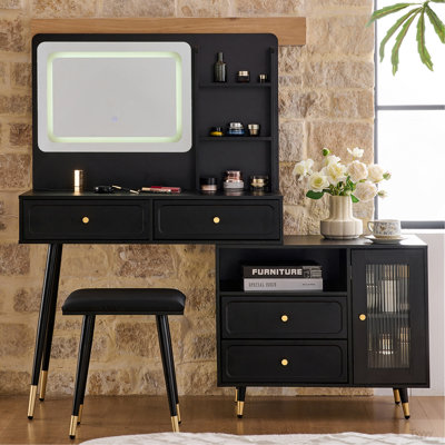 Modern Makeup Vanity Desk With Mirror And Lights, Retractable Dressing Table With Drawers And Cabinet, Compact Makeup Table Set With Power Outlet For Bedroom, Black
