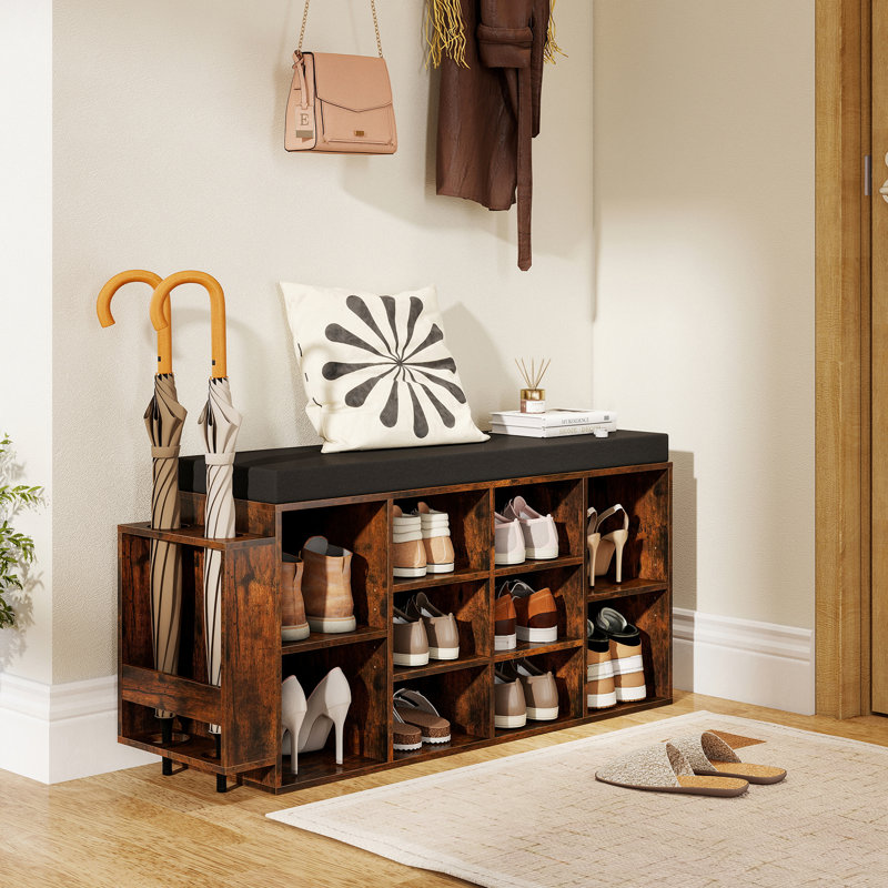 Banc de rangement pour chaussures avec porte-parapluie, siège rembourré, tablettes réglables et amovibles