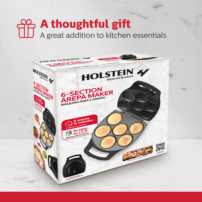 Holstein Housewares 6-Section Arepa Maker,  Non-Stick Multi-Food Maker - Arepas, Mini Pancakes, Corncakes and More, Black