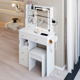 29.2" Small Size Left Drawer Desktop Vanity Table + Cushioned Stool, 2 AC+2 USB Power Station, Hair Dryer Bracket, Extra Large Touch Control Sliding LED Mirror, Tri-Color Switching, Brightness Adjust