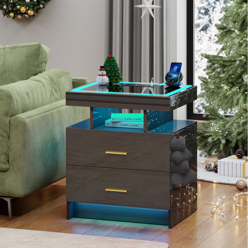 Motion Sensor RGB Light Bedside Table with Tempered Glass Top and Wireless Charging Station, Black
