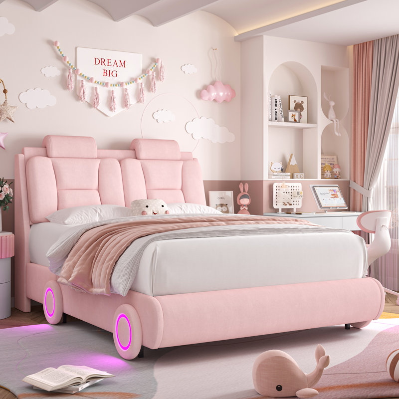 Alexxis Upholstered Bed with LED Light, Pink, Full