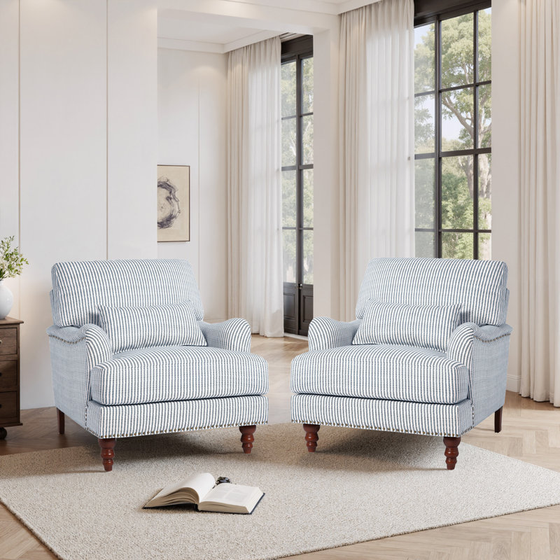 Fauteuil rembourré, Lin bleu à fines rayures