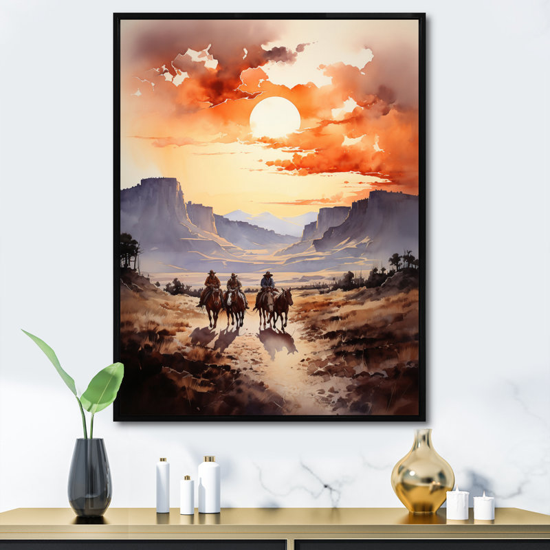 «Manelle Cowboy Chassing The Sunset III», reproduction sur toile, H 44 po x l 34 po, Cadre flottant noir