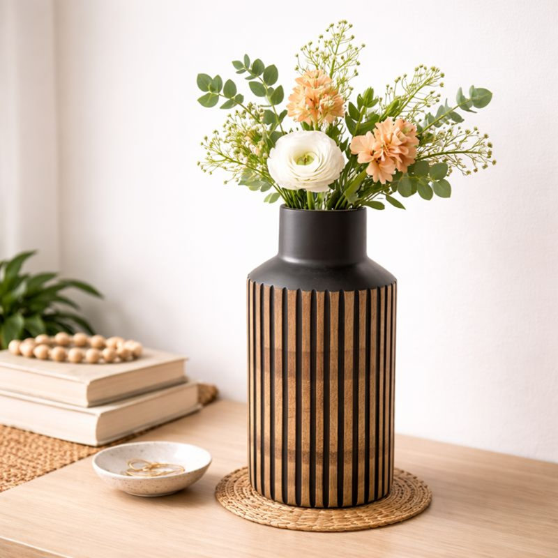  Vase en bois | Vase décoratif fabriqué à la main | Décoration rustique en bois | 7,5 po x 15,5 po, H 16 po x l 8 po x P 8 po