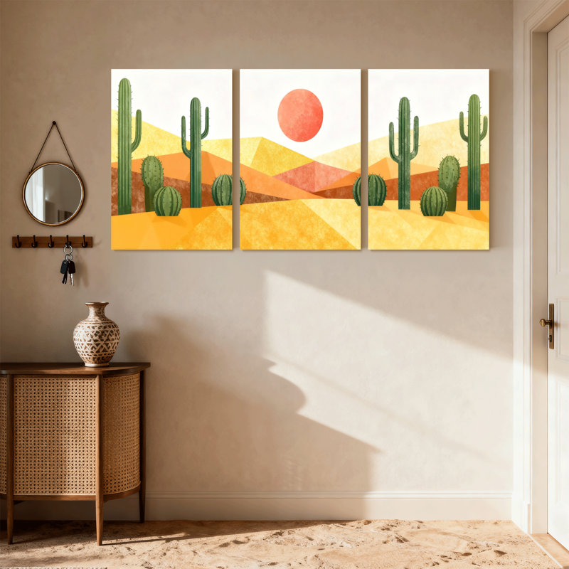 Cactus, paysage désertique avec cactus et soleil, ensemble de 3 impressions sur toile, H 30 po x l 60 po