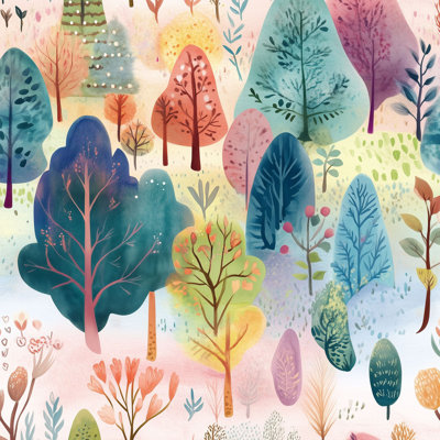 Colorful Pastel Woodland Peel and Stick Wallpaper | Whimsical Kids Nursery