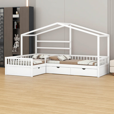 Solid Wood Twin Size L-Shaped House Platform Bed With 3 Storage Drawers