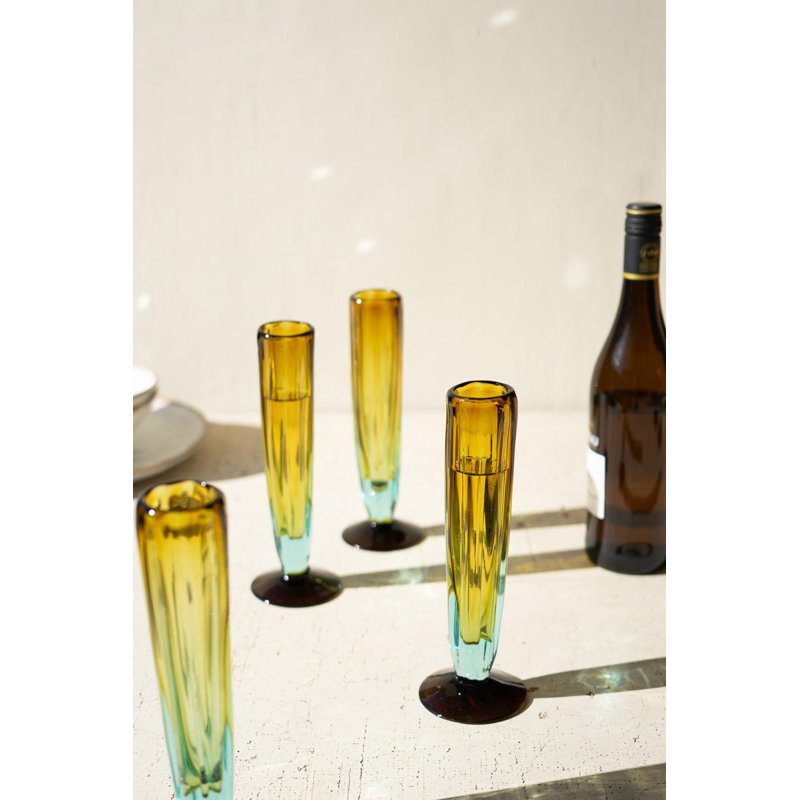  Verre à champagne recyclé cannelé H 9,5 po - Ensemble de 6 verres bleus et ambrés soufflés à la main