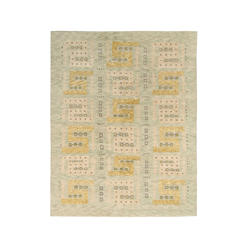 Rug & Kilim’S Scandinavian Style Rug In Green, Beige And Gold Geometric Pattern, Rectangle 13' x 19'
