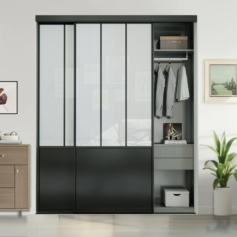 Portes de placard coulissantes 72 po x 80 po en verre de sécurité givré en acier noir thermolaqué avec trousse de quincaillerie d'installation