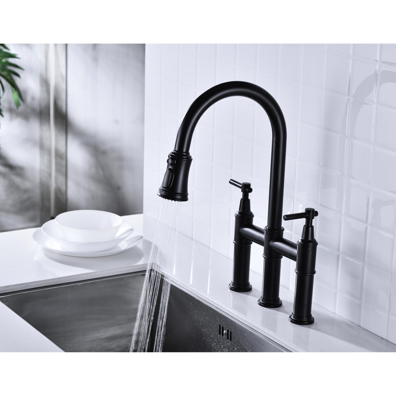 Matte Black Pull-Down Kitchen Tap - Exact Temperature And Flow Management, 360-Degree Rotating Nozzle, Brass Construction Bridge Style Faucet , Fine & Temp Spout, Solid