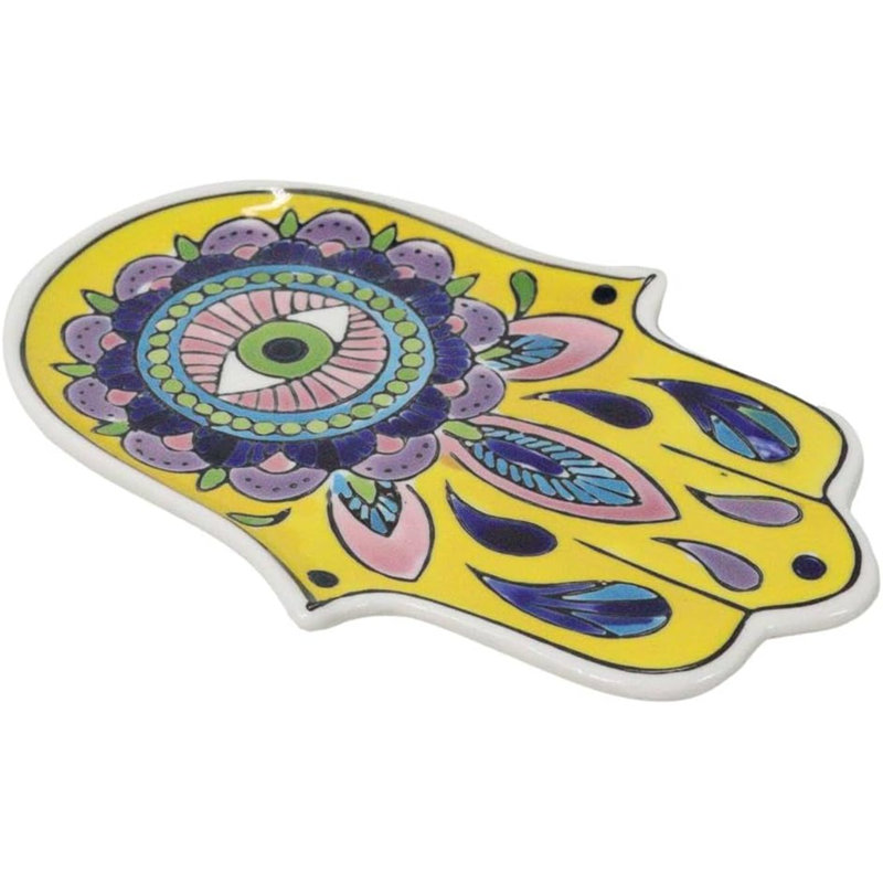 Porte-encens jaune en laiton Chakra Hamsa Palm Mandala et Evil Eye