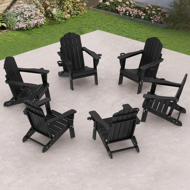 HDPE Adirondack Foldable Chair Wood Texture With Cup Holder(Set Of 6), Black