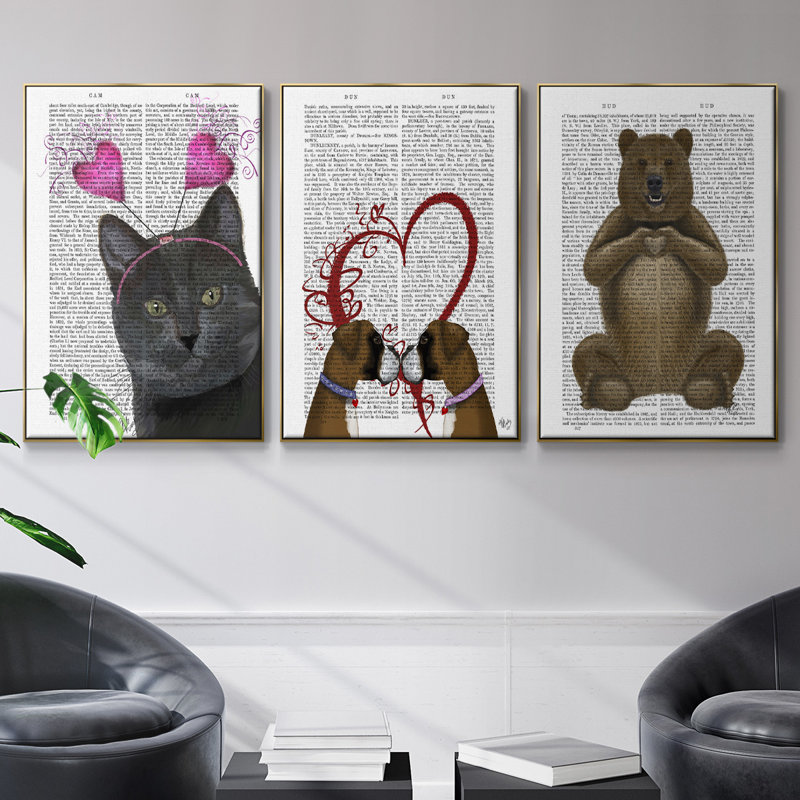 Ours et cœur à la main, reproduction sur toile 3 pièces, Or, H 24 po x l 48 po x P 2 po