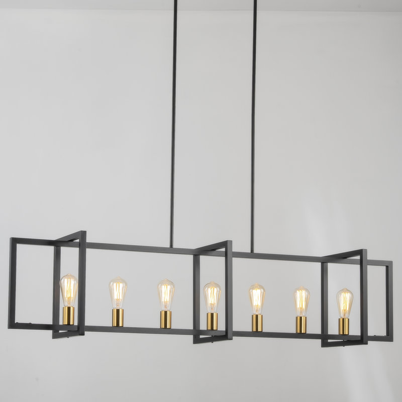 Lustre pour îlot de cuisine en métal Gabut, H 14 po x l 59 po x P 11,4 po, 7, Noir mat / Or
