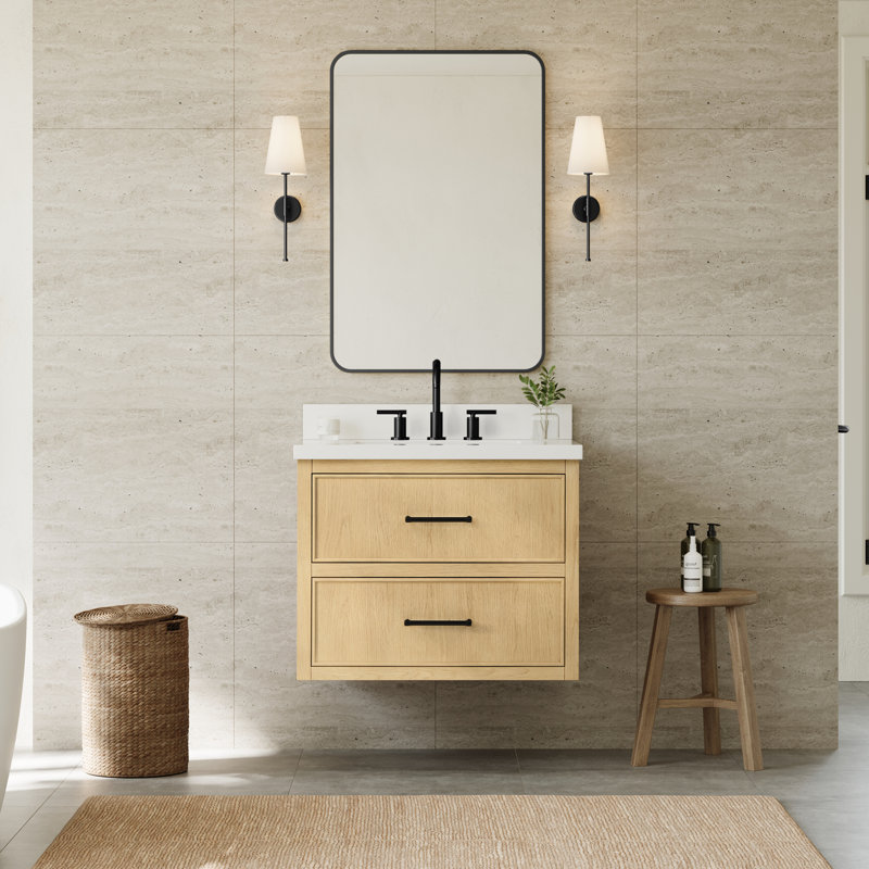 Meuble-lavabo mural simple en chêne scandinave de 30 po Isola, Beige / noir mat, White Quartz