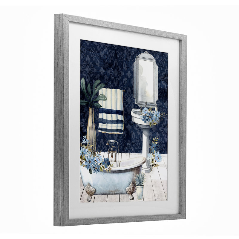 «Blue Bath Floral», reproduction encadrée sous verre, conception de Kim Allen, H 21 po x l 17 po, Cadre de ferme gris