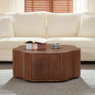 Table basse ronde en forme de pétale de 35,43 pouces, petite table basse avec tiroir caché pour salon, appartement, couleur noyer, table
