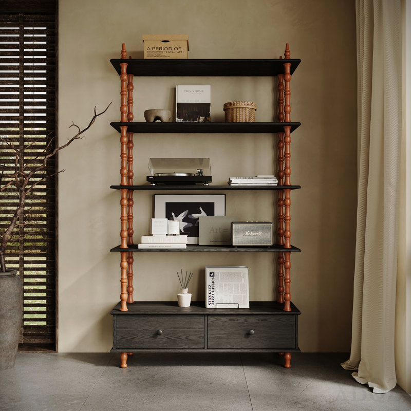 Bibliothèque avec bibliothèque et bibliothèque en bois de 74,4 pouces de hauteur, étagères et tiroirs de rangement noirs à 5 niveaux, tablettes modernes autoportantes en placage de bois massif, salon, salle d'étude, cuisine