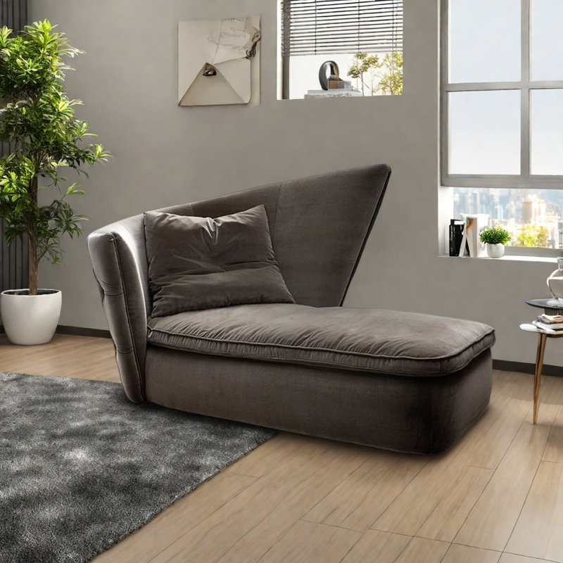 Chaise confortable en bois massif avec dossier haut, Mélange de polyester gris, Left Hand Facing