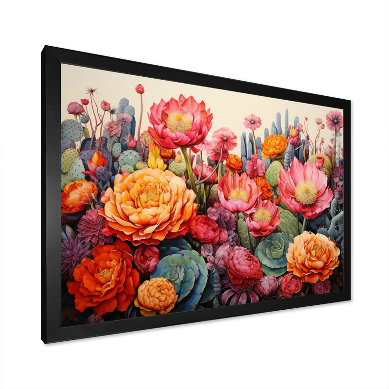 Désert cactus jardin IV - art mural désert, H 16 po x l 32 po x P 1 po, Cadre simple noir