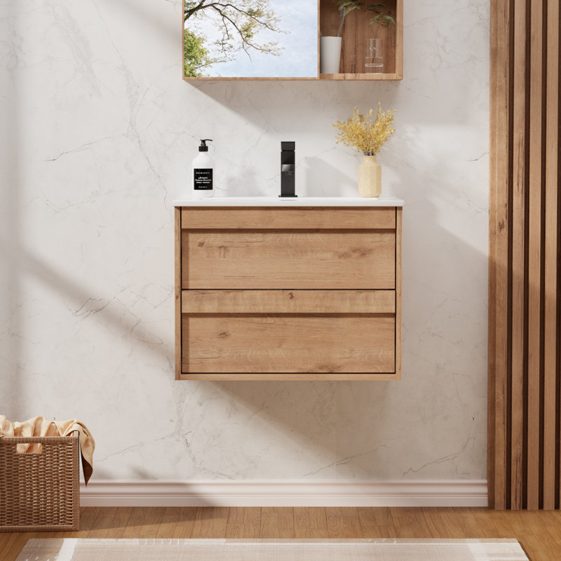 Jadaya Sharee 24" Modern Wall Mounted Bathroom Vanity with Ceramic Sink Top, Wood Tune Floating Cabinet, Oak