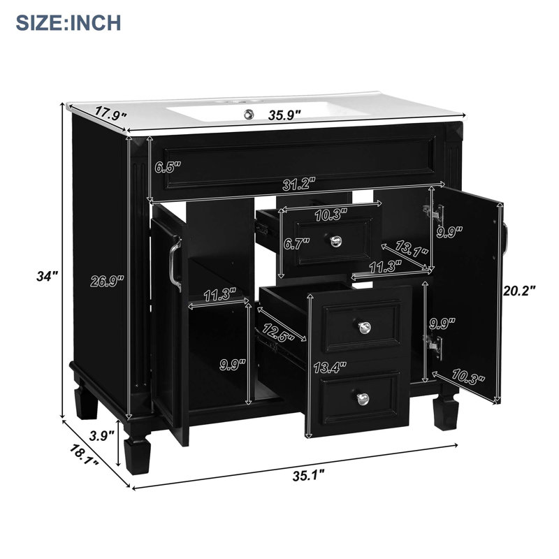 Meuble-lavabo 36 po avec lavabo en céramique, Noir, noir, noir, noir