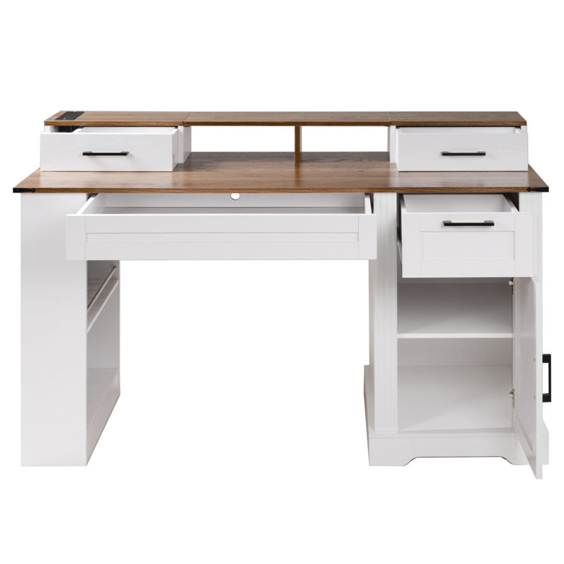 55" Farmhouse Office Desk with Storage Cabinet & Charging Station, White