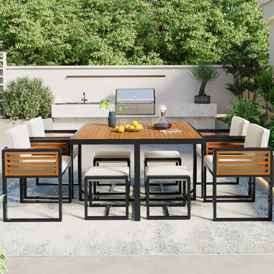 9-Pieces Acacia Wood Patio Dining Set, Space Saving Outdoor Patio Set, 4 Cushioned Chairs & 4 Ottomans & 1 Square Table, For Backyard, Garden, Deck And Poolside, Beige