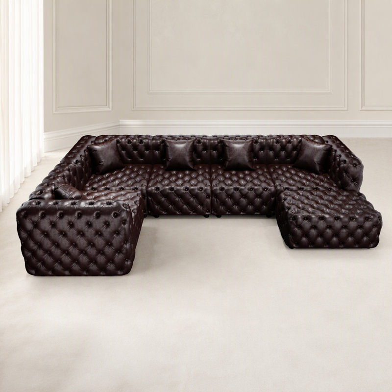 Ensemble de canapé modulaire en forme de L de 132,5 po, canapé modulaire rembourré en similicuir 5 places avec conception touffetée à la main pure, 1 repose-pieds et 5 coussins, combinaison multiple pour le salon, brun foncé